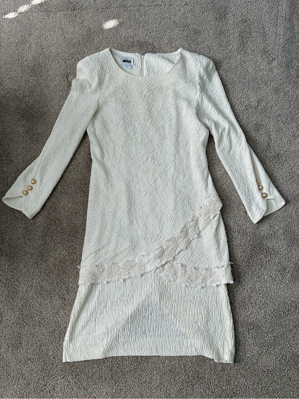 Leslie Fay Cream Textured Long-Sleeve Sheath Dress with Lace Trim